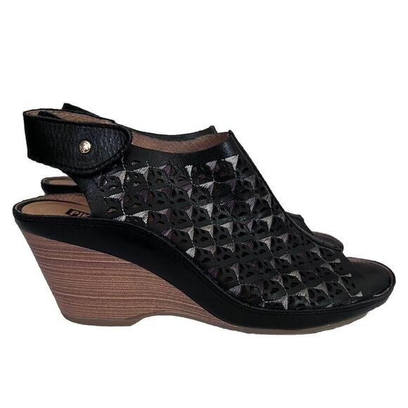 Pikolinos Wedge Sandals Womens Size 38/8  Black Open Toe Laser Cut Embroidered - Picture 1 of 6